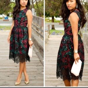 Anthropologie Wolven Embroidered Black Lace Overlay Floral Sleevless Dress Sz 2